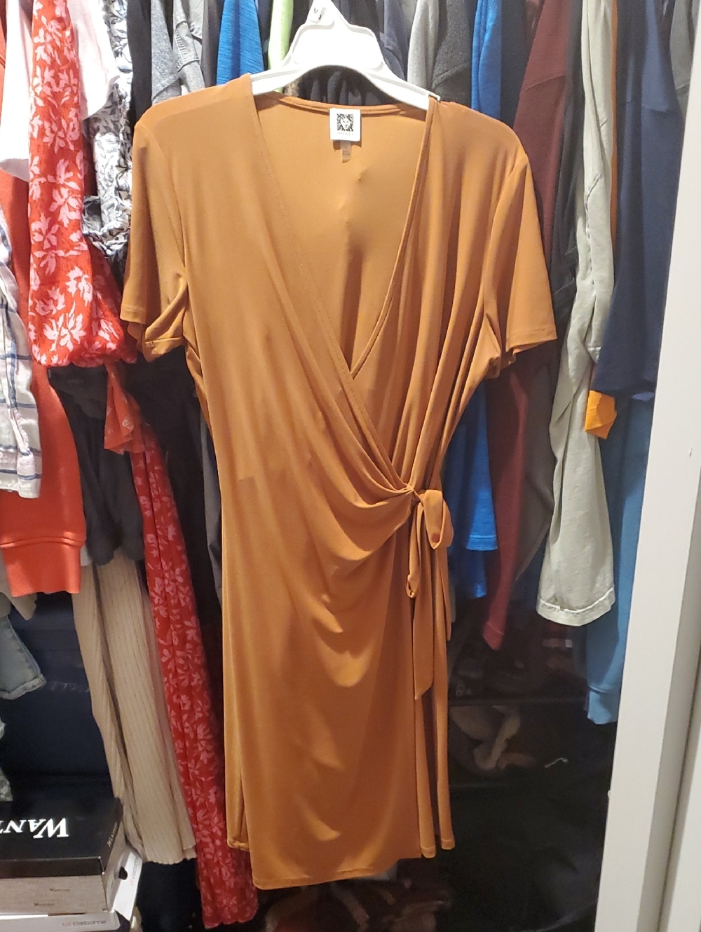 Anne Klein Wrap Midi Dress in Camel Brown